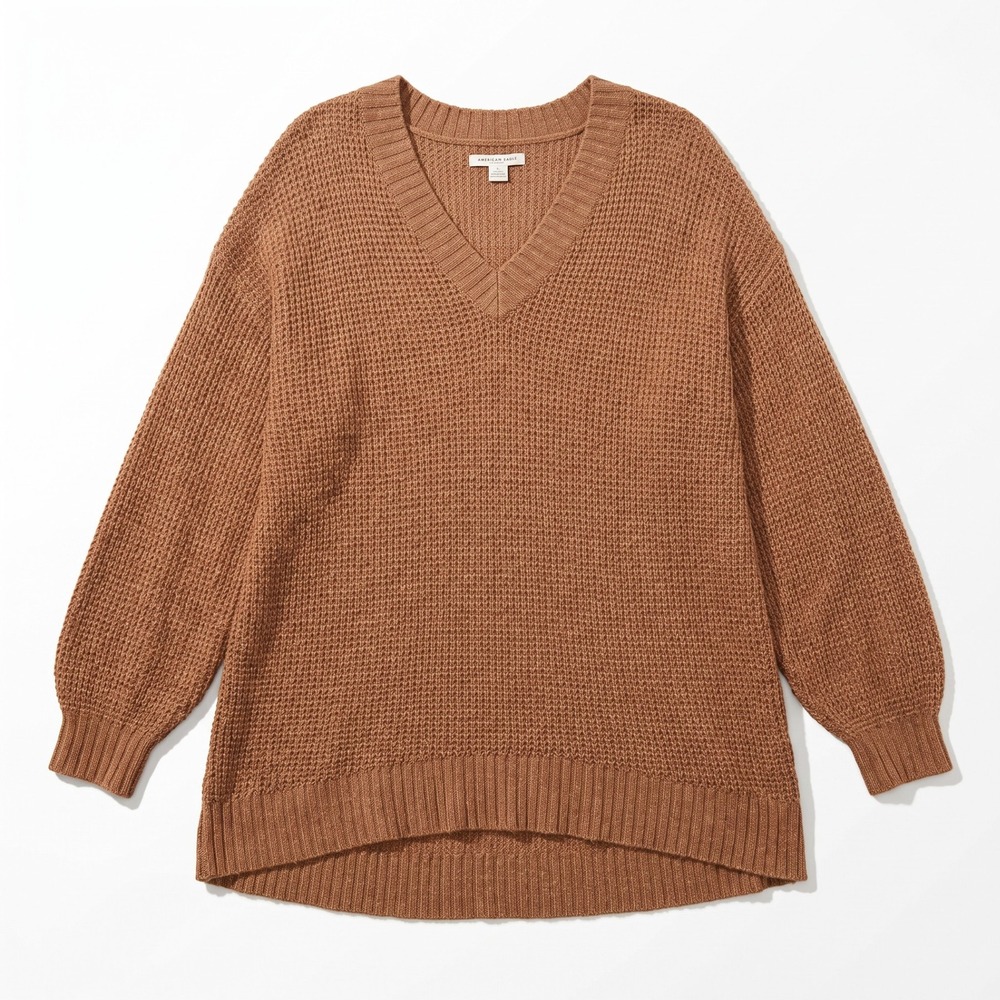 American Eagle Womens XS Camel Tan Waffle Knit V-Neck Sweater Cozy Casual Boho